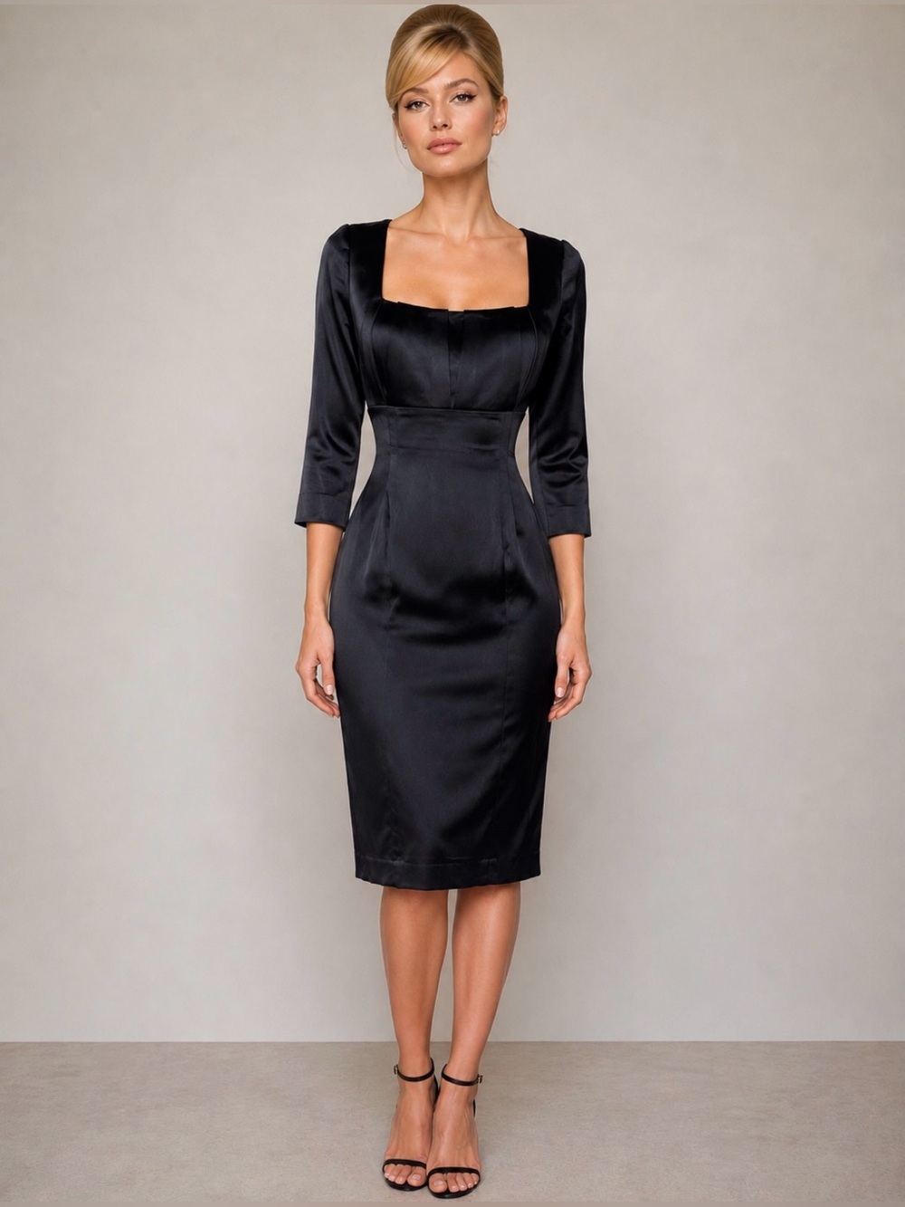 Calvin Klein Classic Black Square-Neck Stretch Satin Sheath Dress